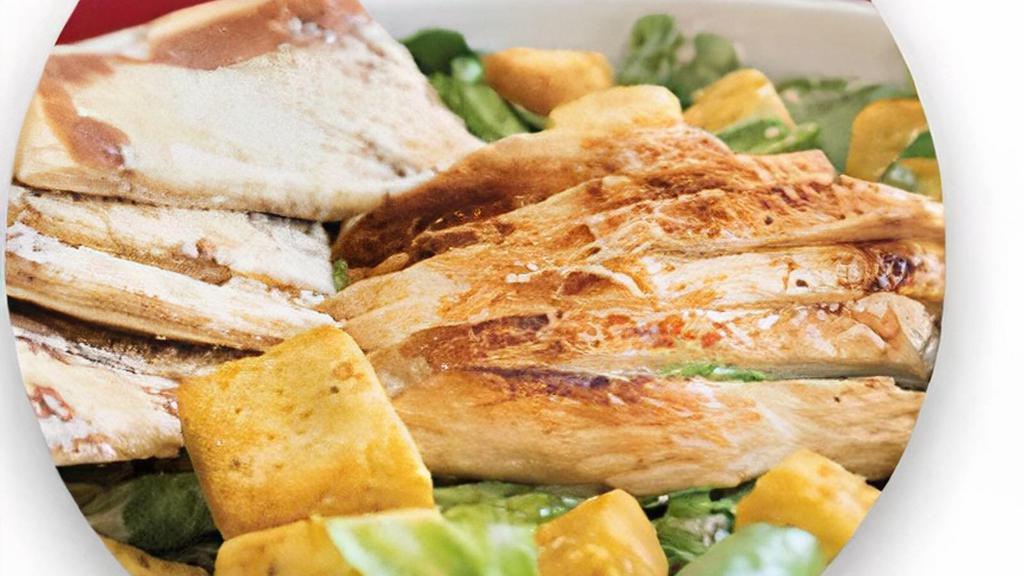 Chicken Caesar Salad · Grilled marinated chicken breast, romaine lettuce, homestyle croutons, shredded parmesan cheese and tossed with caesar dressing.