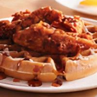 Chicken & Waffles · freshly made belgian waffle served with hand-breaded chicken tenders, sprinkled with powdere...