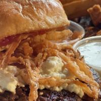 Wake Up San Francisco Burger · Espresso Rubbed Northstar Bison, arugula, goat cheese, fried onion strings, and house made t...