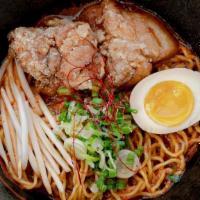 Miso Hot · Spicy Miso (with house chili paste) + chicken broth.  scallions, soft boiled egg, karaage ch...
