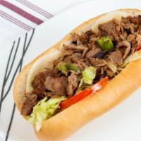 Super Steak Sandwich · Legendary Philly style sirain cheese steak grilled with onions, green peppers and mushrooms ...