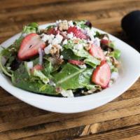 Large Strawberry Fields · Spring Mix / Strawberries / Feta / Red Onion / Sage / Mint / Candied Walnuts / White Balsami...