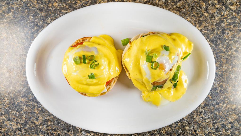 Egg Benedict · Poached egg topped with hollandaise on an English.

Consuming raw or undercooked meats, poultry, seafood, shellfish, or egg may increase your risk of foodborne illness.