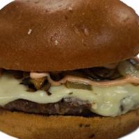 Swiss Mushroom & Onion Burger · Quarter pound beef, grilled onion, grilled mushroom, Swiss cheese, To Bros sauce.