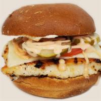 Grilled Chicken Burger · Grilled chicken breast, tomato, pickles, American cheese, mayo, To Bros sauce.