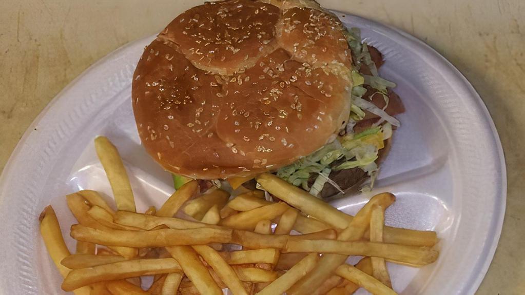 Mexican Cheeseburger · Lettuce, tomato, onions, jalapeño, avocado, mayo , mustered, ketchup, ham, hot dog and 
 American cheese.
*fries and a medium 
 fountain drink included.