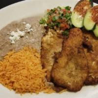 Milanesa Pollo Plate · Breaded chicken served with Mexican rice, refried beans, lettuce, pico de gallo and cucumber...