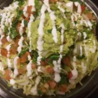 Salad Bowl · Rice, black beans, choice of meat, mix vegetables, lettuce, pico de gallo, guacamole, sour c...