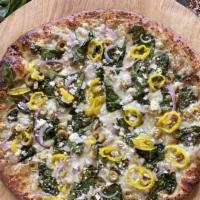 Magani Mediterranean · Feta, green olives, onions, banana peppers. Topped with spinach and an olive oil drizzle. Ga...