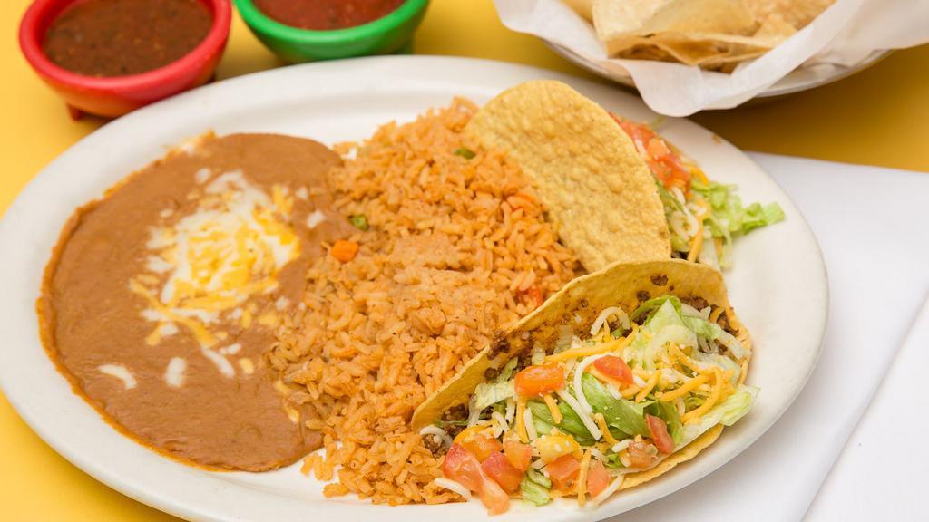Crispy Tacos · Two tacos with your choice of shredded beef or chicken, carnitas or ground beef topped with shredded lettuce, cheese, and tomatoes.