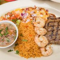 Carne Asada · Sirloin cooked on the grill, four jumbo shrimp atop rice, and our choice of enchilada or cri...