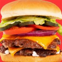 Double Cheeseburger · Two beef patties, two slices of American cheese, tomato, lettuce, onion, pickles, mayo