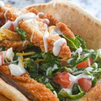 Crispy Chicken Bacon Pita · Shredded Lettuce, Crispy Chicken Breast, Chopped Bacon, Blended Cheese, Tomatoes & your choi...
