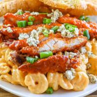 Buffalo Mac & Cheese · Trottolle Pasta, Four Cheese Mac Sauce, Blended Cheese, Crumbled Blue Cheese, Chopped Bacon,...