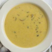 Morgan House Soup · creamy chicken-based soup with celery, onions, mushrooms, white wine, black wild rice, sherr...