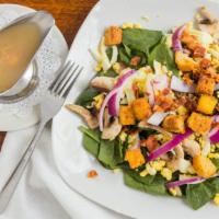 Spinach · spinach, bacon crumbles, red onions, mushrooms, eggs, croutons, hot bacon dressing