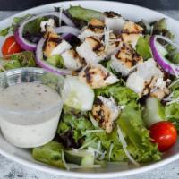 Honey Cider Grilled Chicken Salad · Spring mix topped with chilled grilled chicken, grape tomatoes, fresh cucumbers, red onions,...