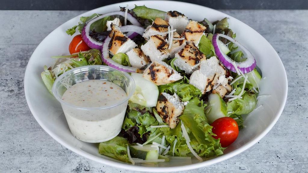 Honey Cider Grilled Chicken Salad · Spring mix topped with chilled grilled chicken, grape tomatoes, fresh cucumbers, red onions, Parmesan cheese, and Honey Cider dressing