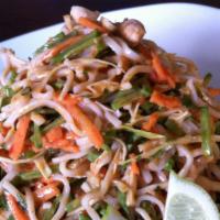 Thai Noodle Salad · Crisp vegetables and thin rice noodles tossed in spicy Thai peanut sauce (v) (gf)