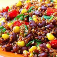 Quinoa Salad Bowl · Spinach, red quinoa, black beans, roasted corn, roasted peppers, cabbage, carrot, cilantro, ...