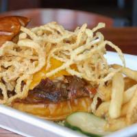 Bbq Pork Sandwich · Pulled pork tossed in our house BBQ sauce, topped with Cheddar cheese, crispy onion strings,...