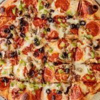 Large The Guido Pizza · Red sauce with mozzarella, pepperoni, sausage, applewood smoked bacon, mushrooms, black oliv...