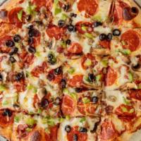 Medium The Guido Pizza · Red sauce with mozzarella, pepperoni, sausage, applewood smoked bacon, mushrooms, black oliv...