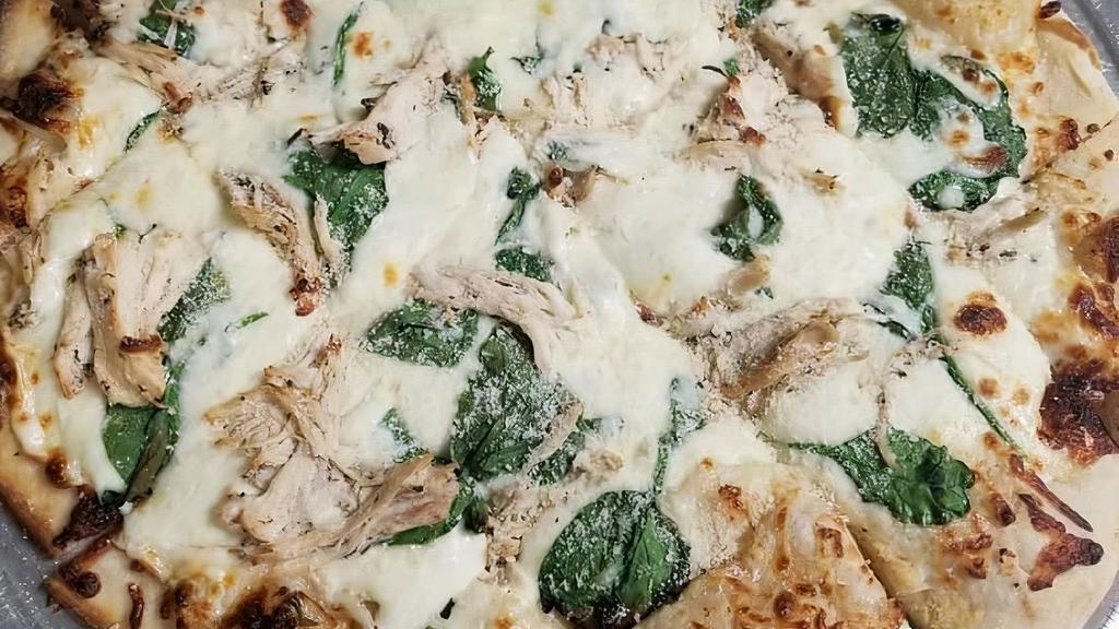 Medium Roasted Garlic White Pizza · White sauce with mozzarella, chicken, fresh spinach.