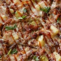 Large The Hawlowan Pizza · Red sauce with mozzarella, pineapple pulled pork w/bacon, jalapenos, cilantro with BBQ drizz...