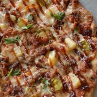 Medium The Hawlowan Pizza · Red sauce with mozzarella, pineapple pulled pork with bacon, jalapenos, cilantro with BBQ dr...