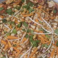 Medium The Muy Thai Pizza · Red sauce with mozzarella cheese, chicken, matchstick carrots, cilantro, red onion, bean spr...