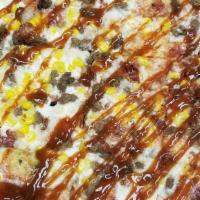 Medium The Little Iowa Pizza · Red sauce with mozzarella cheese, beef, corn, bacon, onions drizzled with BBQ sauce.