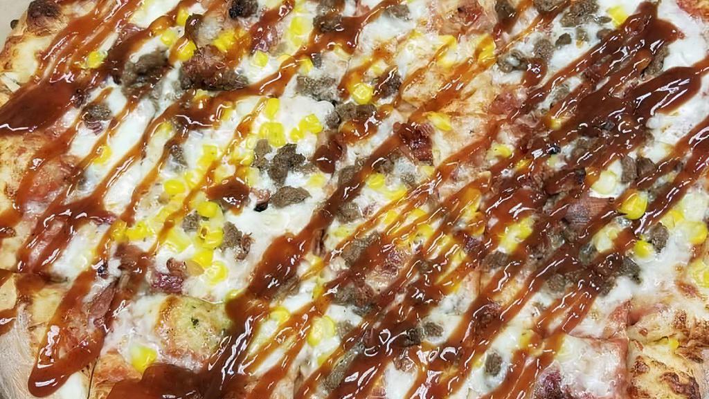 Medium The Little Iowa Pizza · Red sauce with mozzarella cheese, beef, corn, bacon, onions drizzled with BBQ sauce.