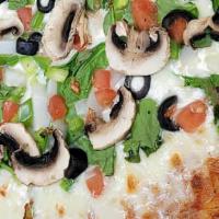 Medium The Vegg Pizza · Red sauce with mozzarella, fresh spinach, mushrooms, green peppers, onions, tomatoes and bla...