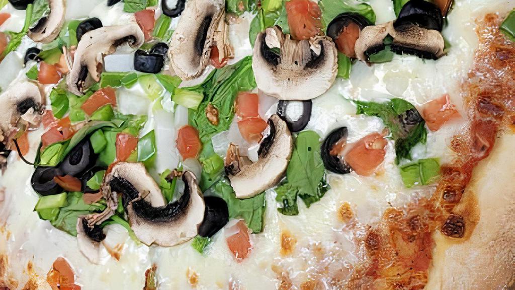 Medium The Vegg Pizza · Red sauce with mozzarella, fresh spinach, mushrooms, green peppers, onions, tomatoes and black olives.