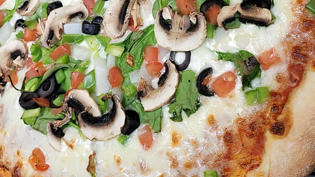 Large The Vegg Pizza · Red sauce with mozzarella, fresh spinach, mushrooms, green peppers, onions, tomatoes and black olives.