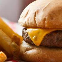 Kids Cheeseburger & Fries · Plain Burger w/ Cheddar Jack Cheese on a Ciabatta Bun and a side of fries