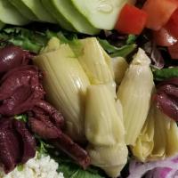 The Greek Freek Salad · Organic greens, olives, artichokes, cucumbers, tomatoes, feta cheese with house Greek vinaig...