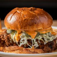 Fried Chicken Sandwich · Fried Chicken Sandwich, White American Cheese, Cabbage, Pickles, Hot Mayo, Served w/ French ...