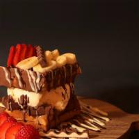 Waffle Sandwich · Crispy waffle sandwich stuffed with one scoop of gelato ice cream, kinder chocolate, strawbe...