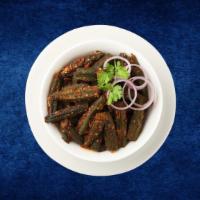 Curried Okra Masala · Garden fresh okra wok tossed with onions, chilies and whole spice mix