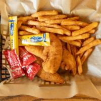 Crispy Chicken Tenders (3 Pieces) With Fries   · 4 Pieces of Fried Chicken Tenders served with fries.