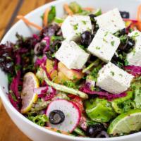 Greek Salad (V) · Cucumber, tomatoes, red onions, feta cheese and kalamata olives with a vinaigrette of garlic...
