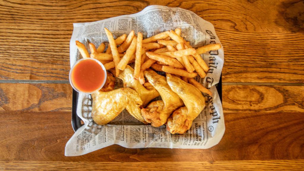 Whole Chicken Wings (4 Pieces) With Fries · Deep-fried un-breaded whole chicken wings seasoned with lemon pepper. Served with fries and a side of BBQ sauce or hot sauce.