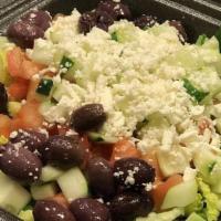 Greek Salad · Chopped romaine lettuce, tomatoes and cucumbers topped with Feta cheese, kalamata olives and...