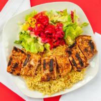 Chicken Kabab · Char-grilled cubed marinated chicken. Served with salad, rice and pita bread.