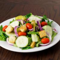 Italian Table · Romaine lettuce, grape tomatoes, red onion, cucumber, pepperoncini, croutons.