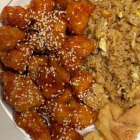 Sesame Chicken · Deep-fried breaded chicken in sweet sauce topped with toasted sesame seeds.