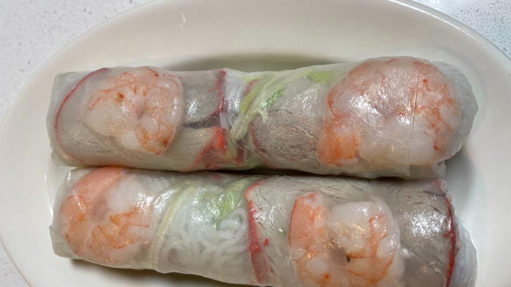 2 Piece Spring Rolls · Fresh rice paper rolls with pork and shrimp, rice noodle, lettuce dip with peanut sauce.
