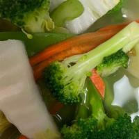Vegetable Soup · Broccoli, , carrots, napa, bell pepper, bamboo, white onion, and pea pods in a chicken broth...